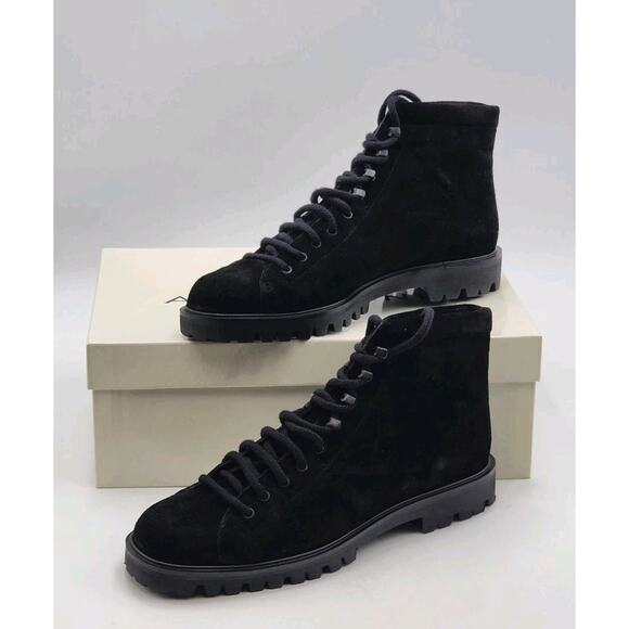 ANNE KLEIN Ander Black Suede Combat Booties Size 7 Lug Lace-Up Italy New In Box - Picture 1 of 14